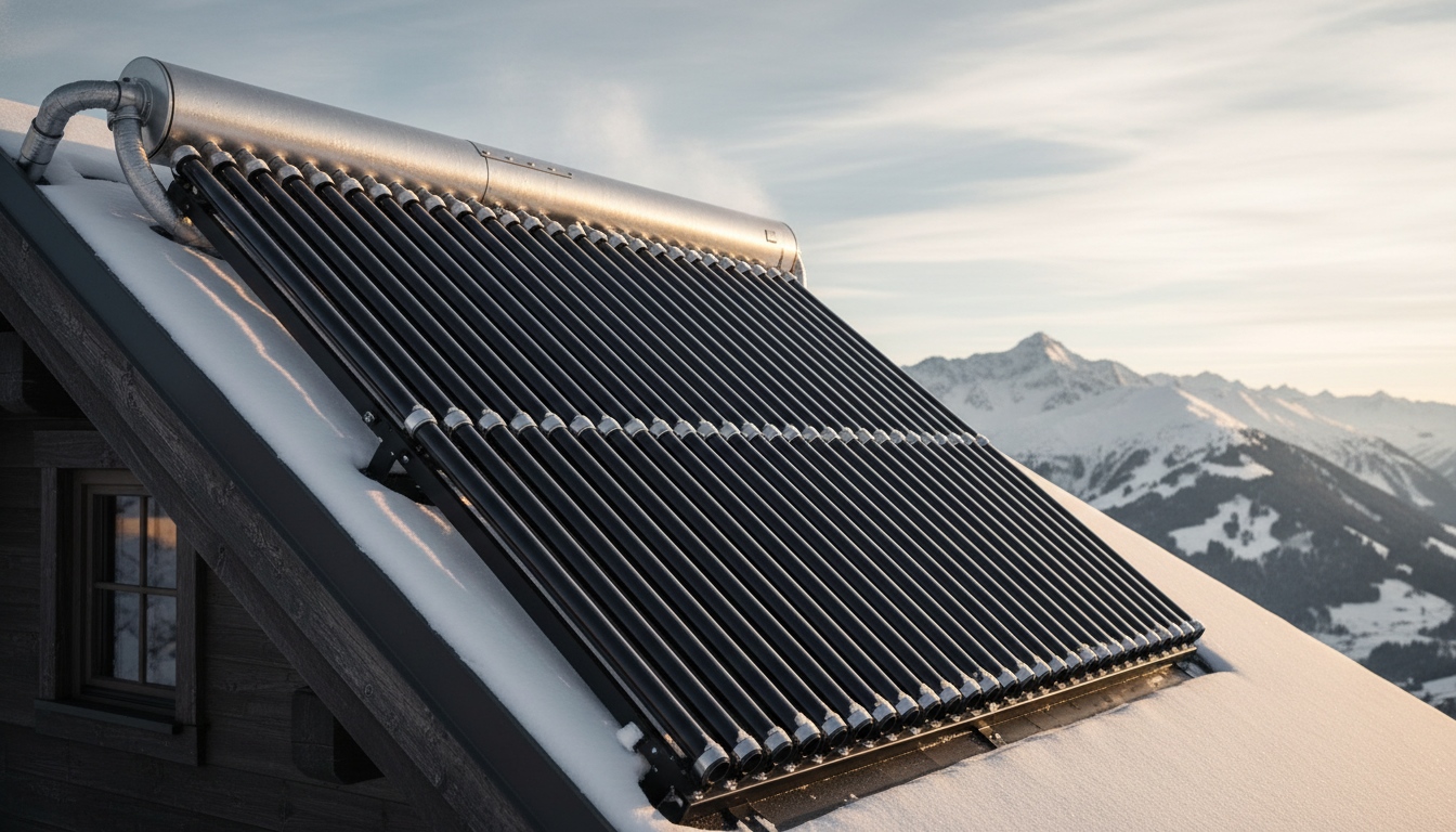 Evacuated tube solar collector installed on a snowy mountain roof for cold-climate solar water heating